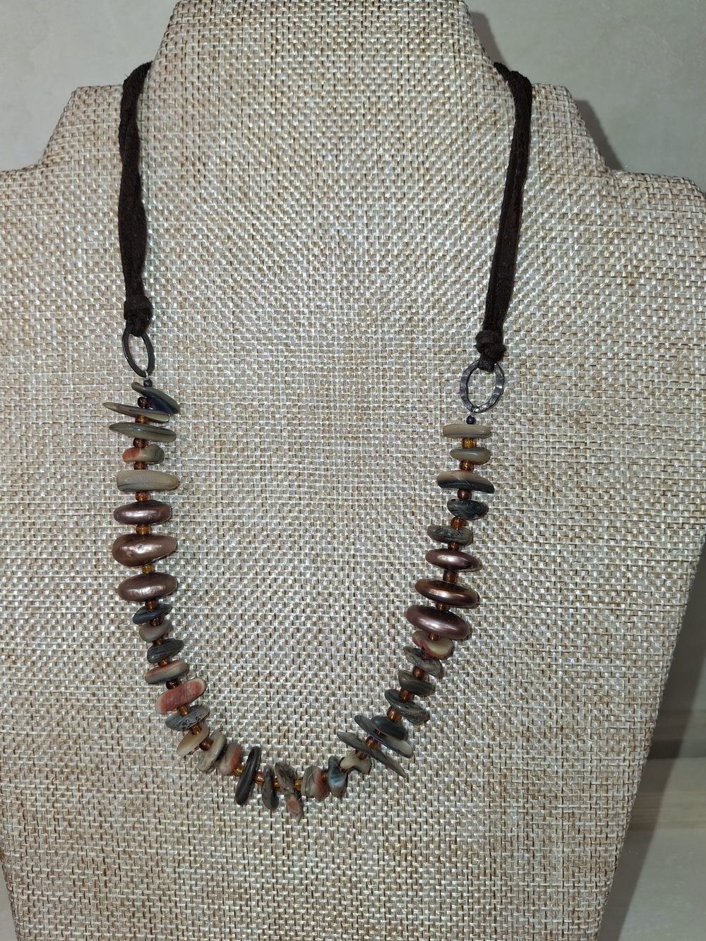 Sterling Silvet Peyote Bird Brown Suede Abalone Necklace